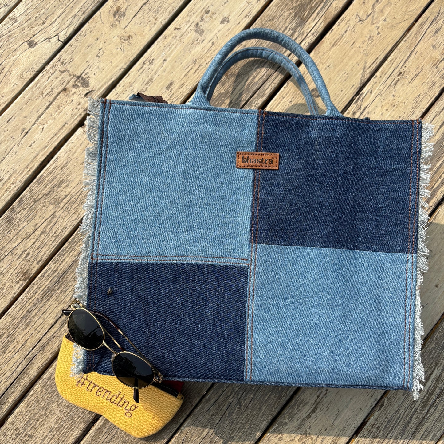 Denim Fringe Box Bag(With Vanity Pouch and Glass case)