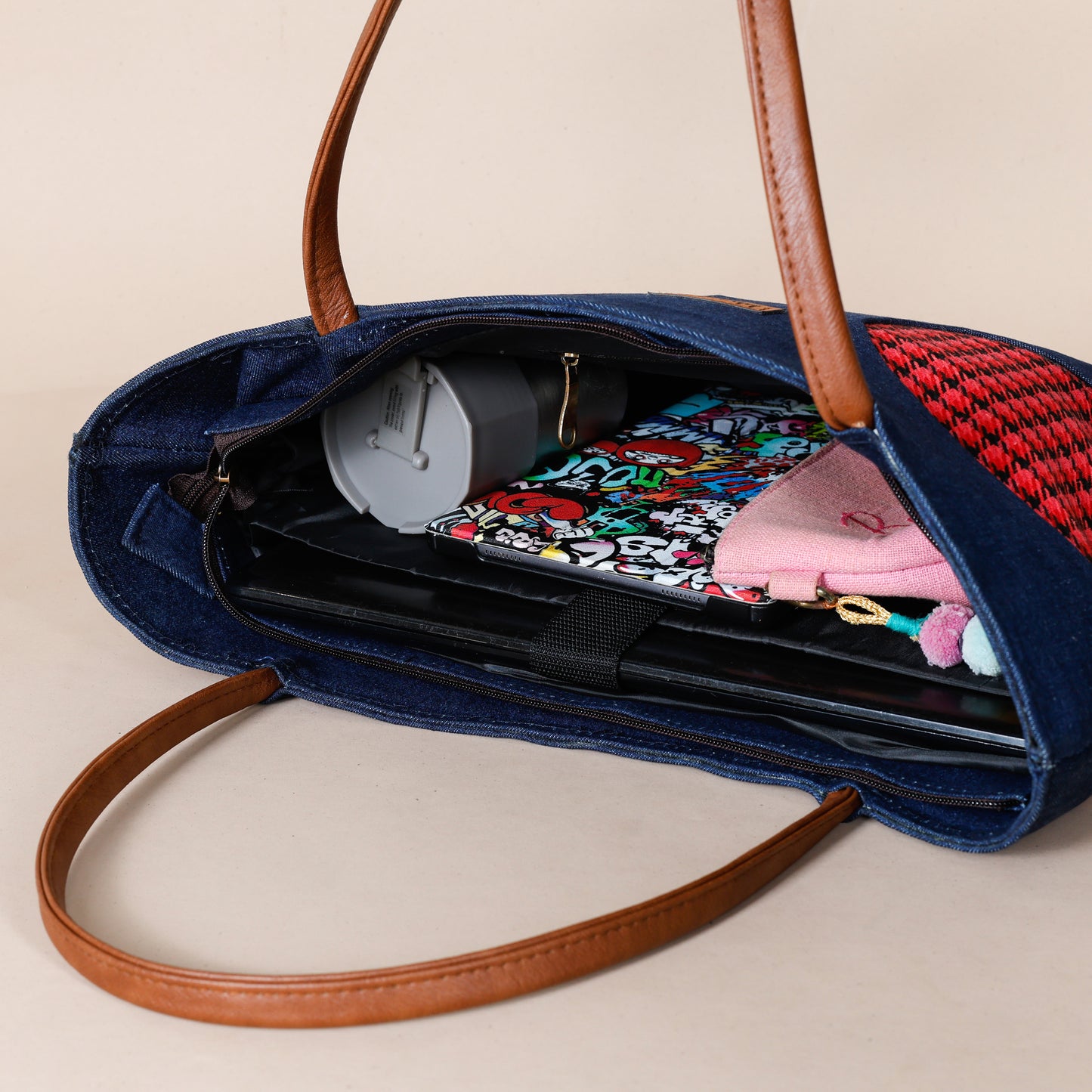 Denim Fushion Tote- Red