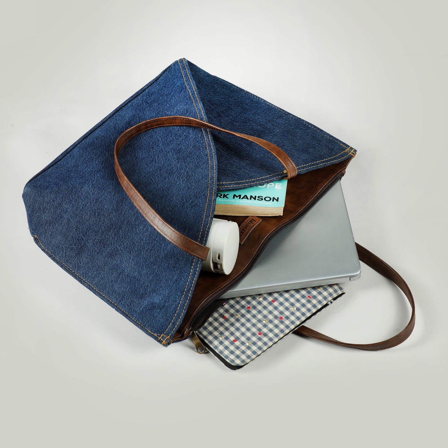 Deep Denim Tulip Tote Bag(With Vanity Pouch and Glass case)
