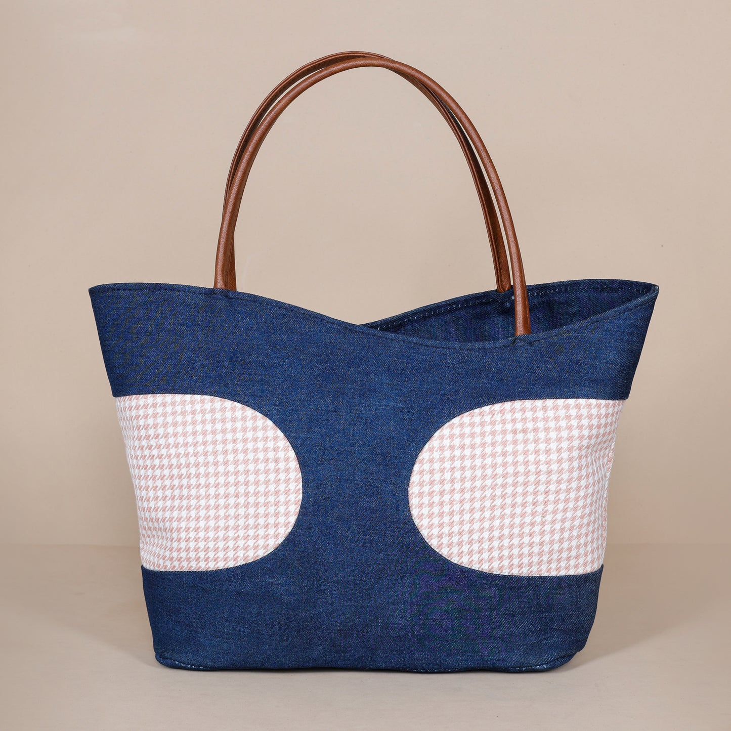 Denim Fusion Tote- Houndstooth peach