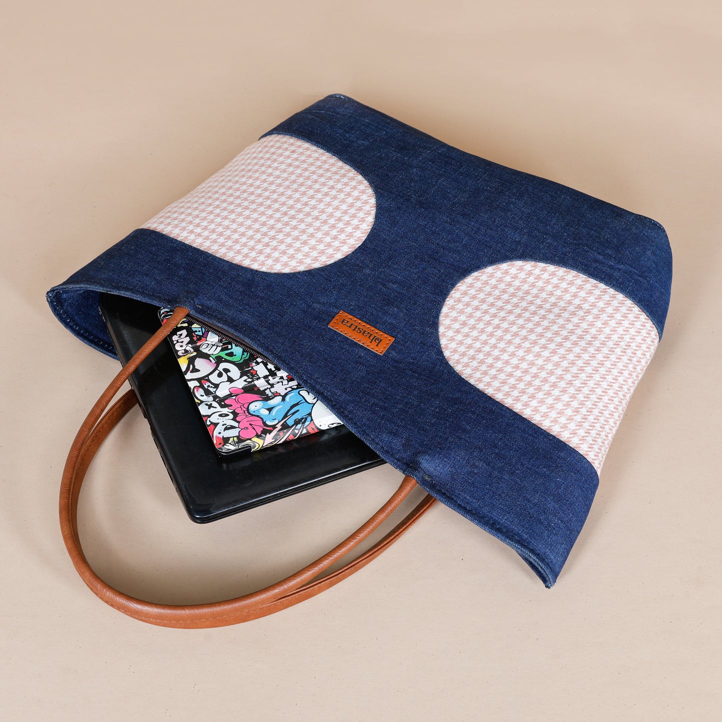 Denim Fusion Tote- Houndstooth peach