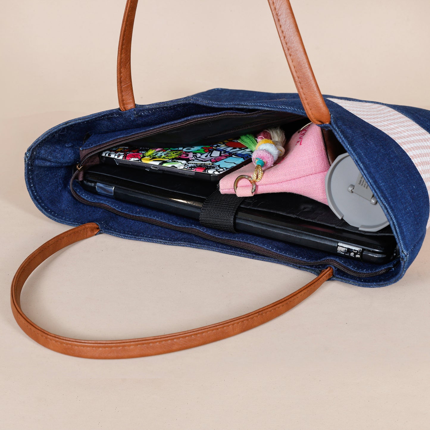 Denim Fusion Tote- Houndstooth peach