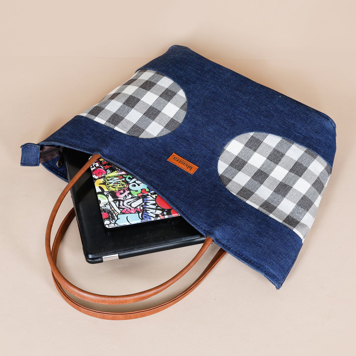 Denim Fusion Tote- Checks
