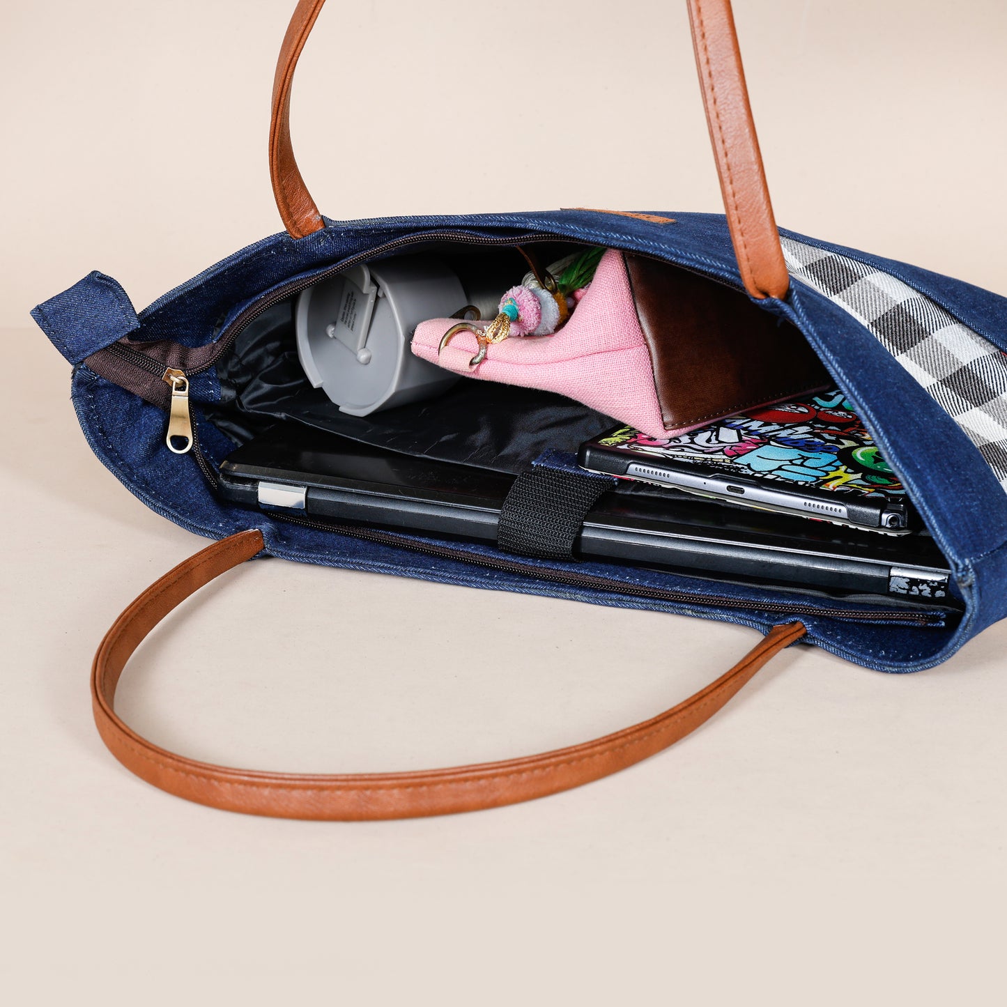 Denim Fusion Tote- Checks