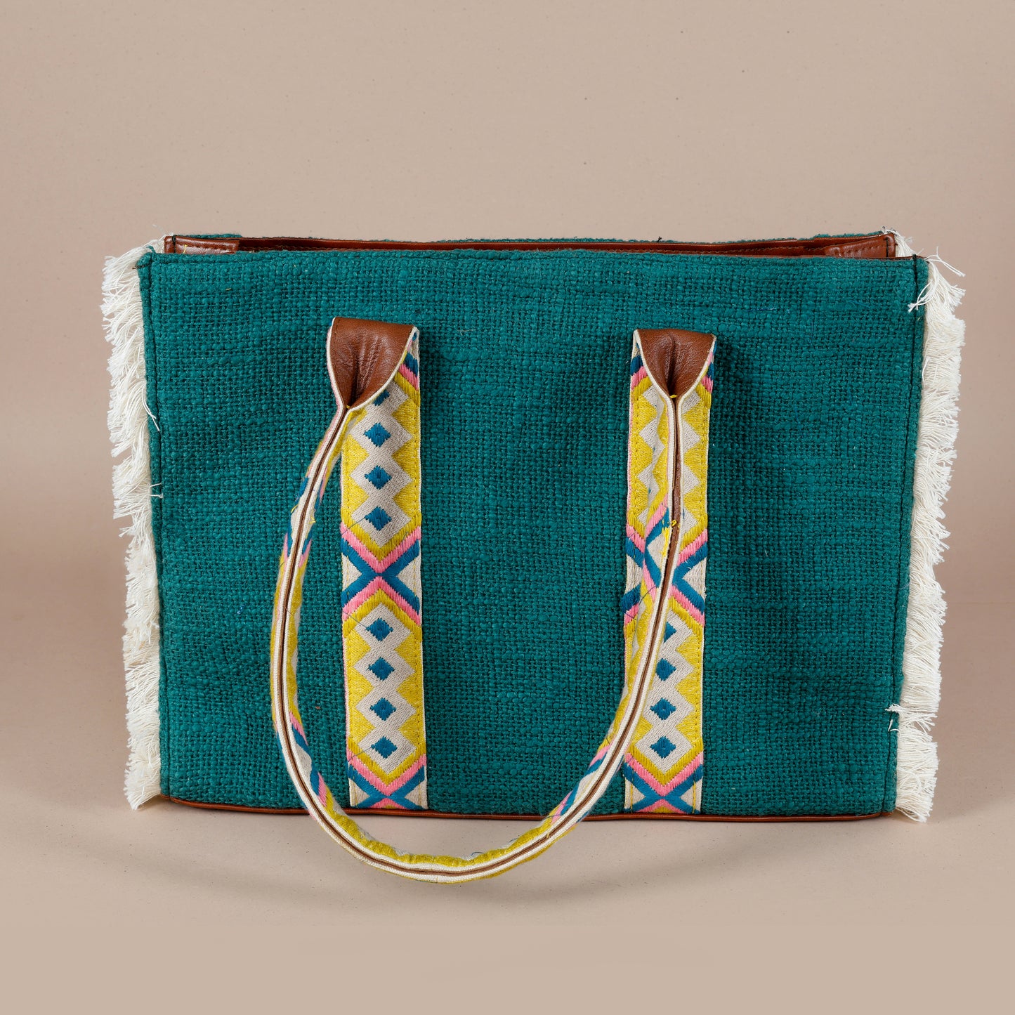 Teal Lenora Fringe Tote Bag with laptop compartment