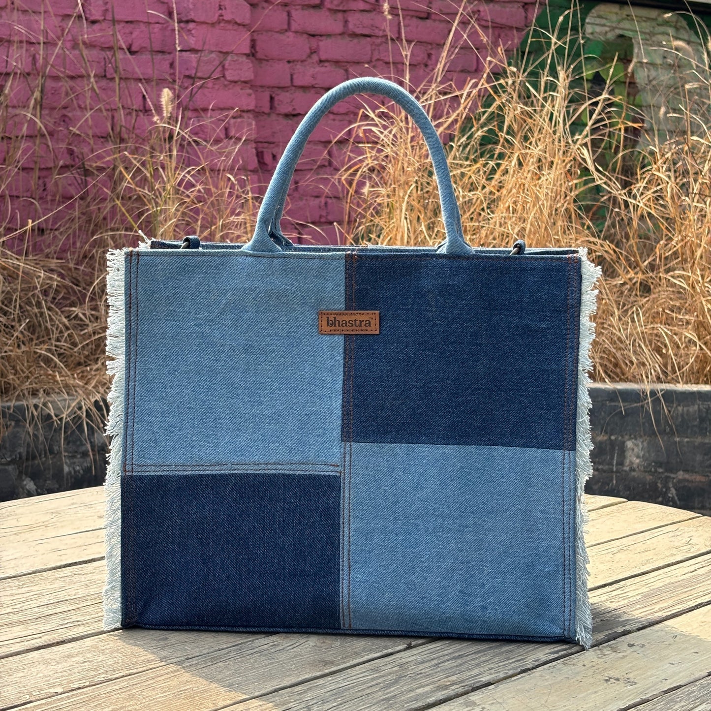 Denim Fringe Box Bag(With Vanity Pouch and Glass case)
