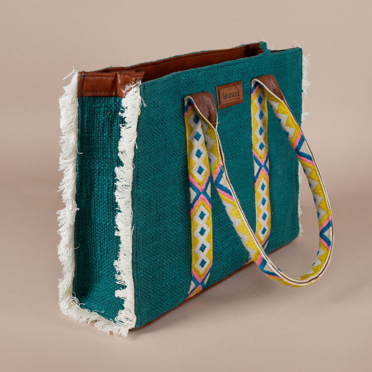 Teal Lenora Fringe Tote Bag with laptop compartment