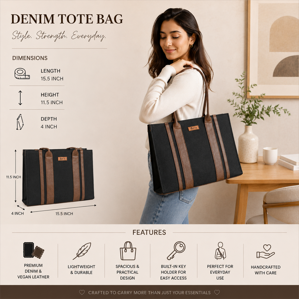 Classic Denim Book Tote-Black