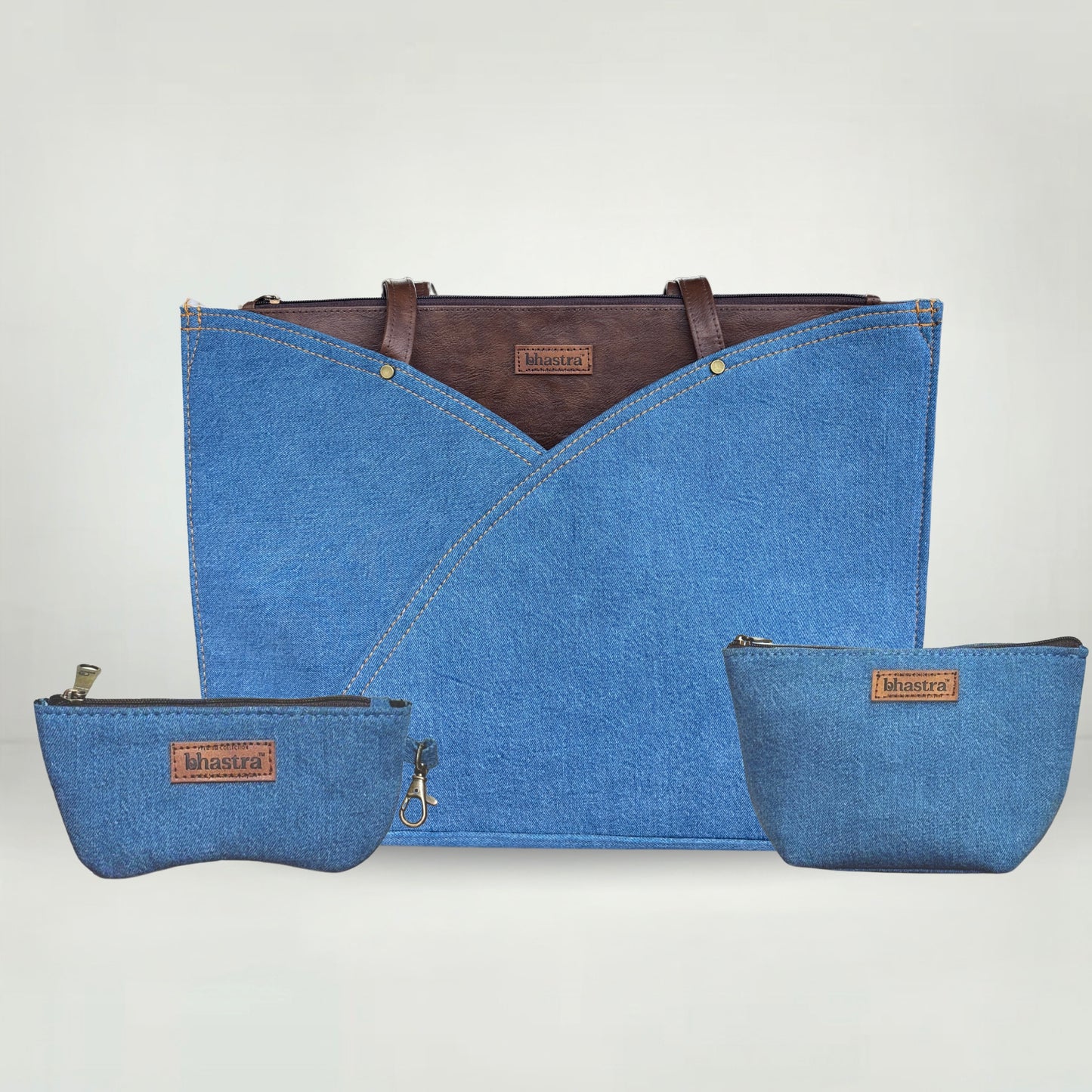 Classic Denim Tulip Tote Bag(With Vanity Pouch and Glass case)