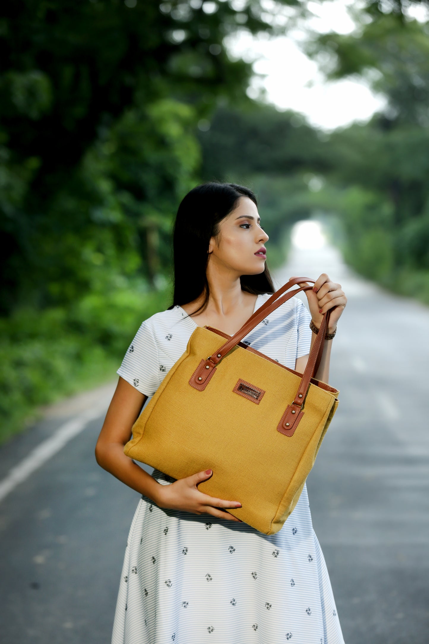 Mustard Three Pocket Tote Combo(Includes tote,Vanity Pouch and glass case)