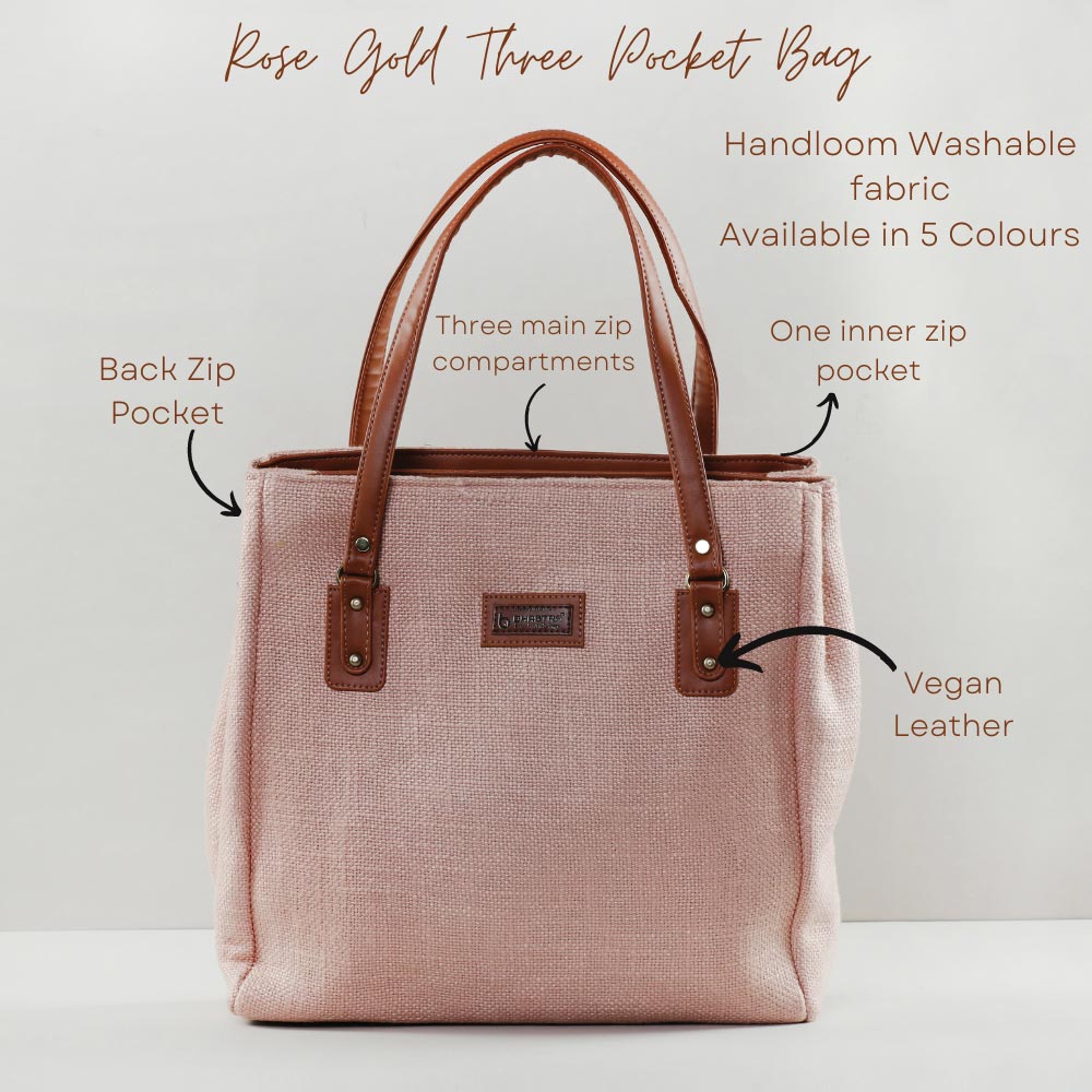 Rose gold three pocket tote bag
