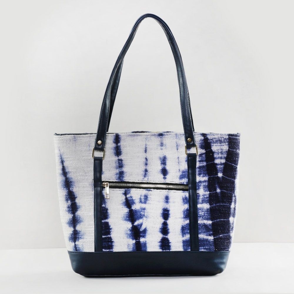 White and indigo shibori tote bag