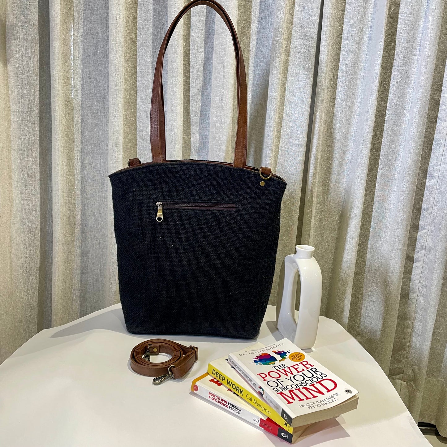 Black Messenger Tote Bag with Initial Customization