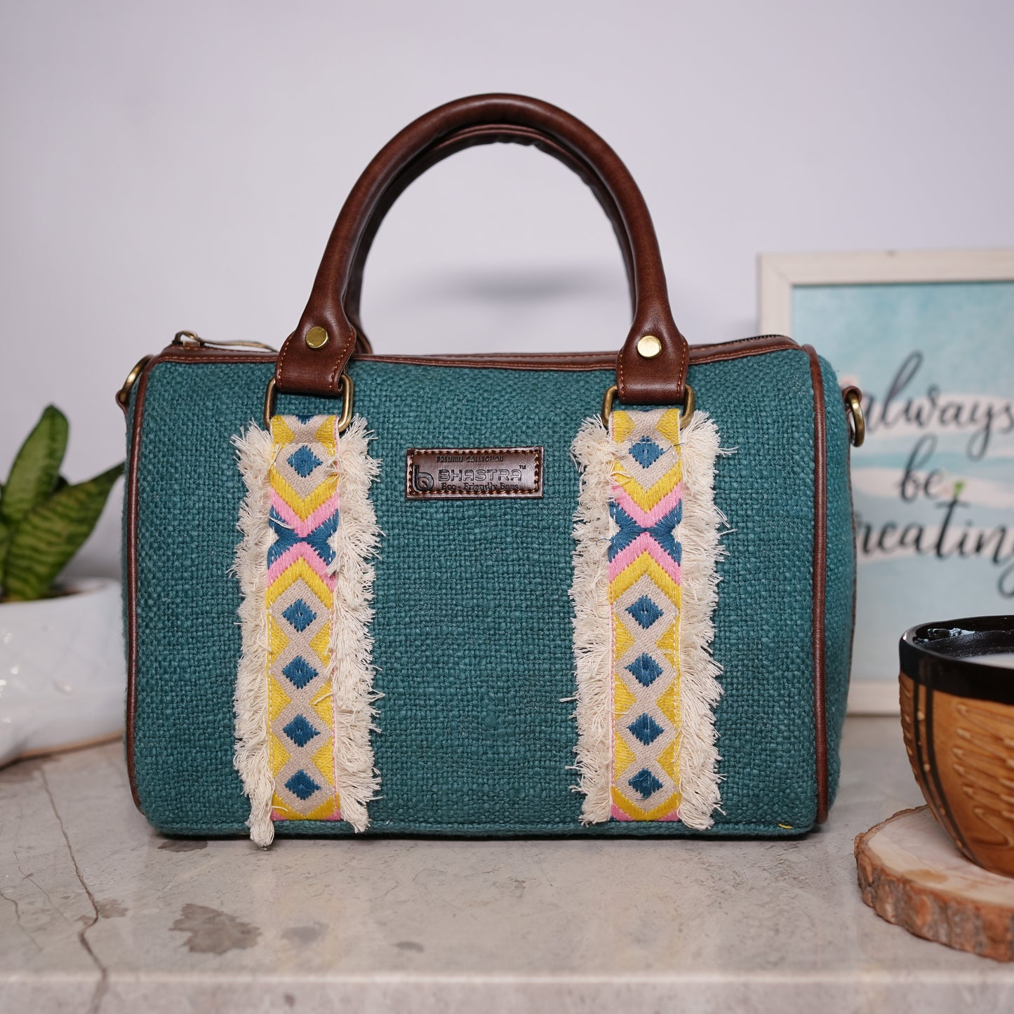 Teal Blue Fringe Duffle Sling Bag