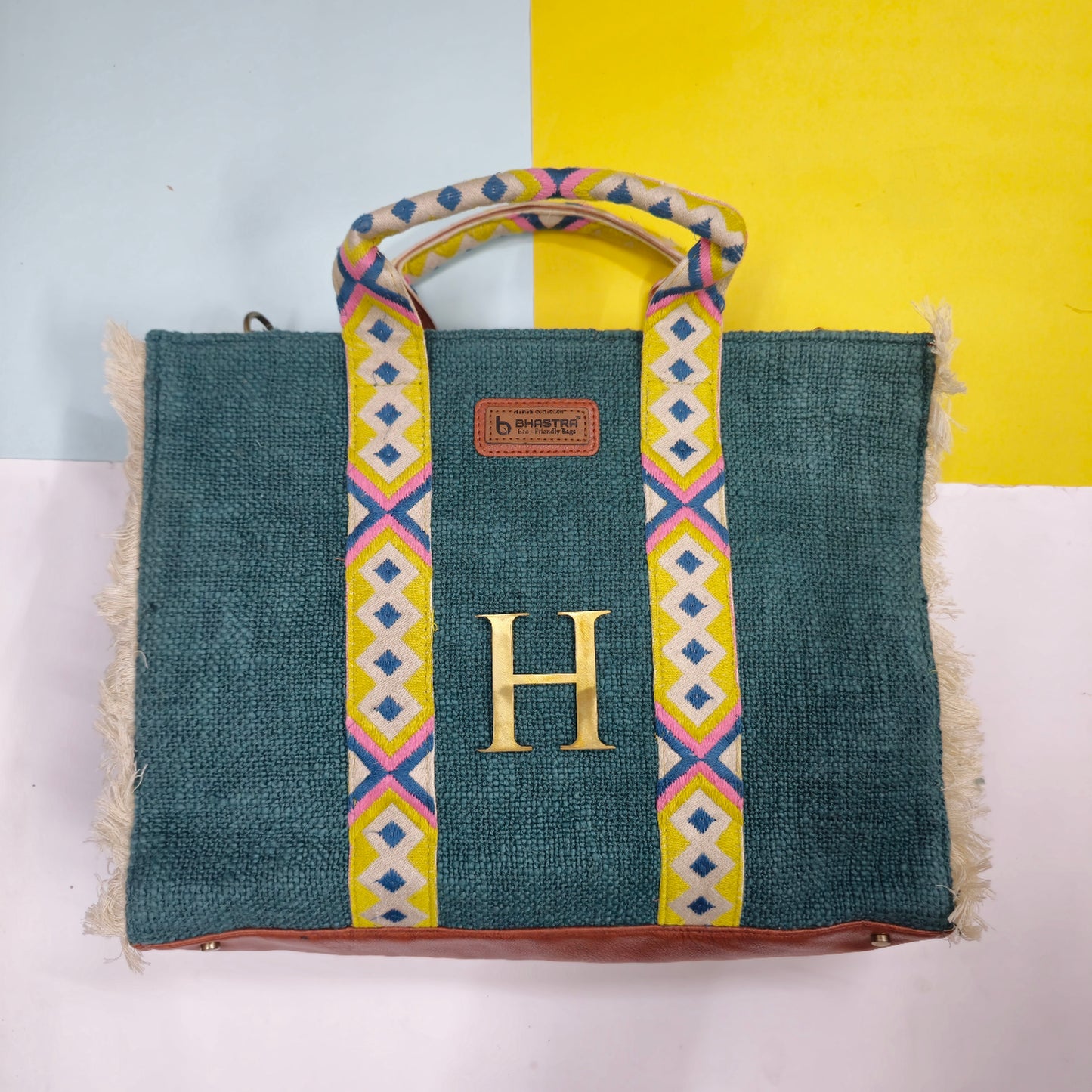 Teal Lenora Fringe Tote Bag with Initial Customization