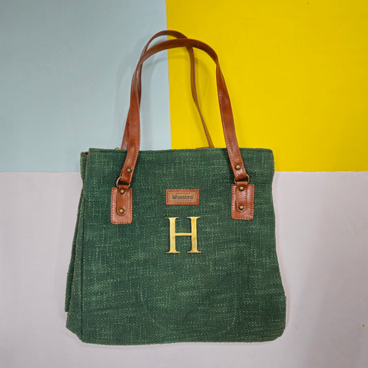 Forest Green three pocket tote bag with Initial Customization