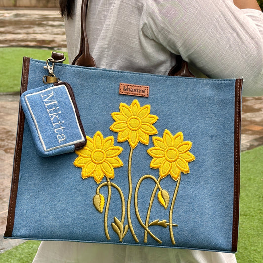 Sunflower- Yellow Tote bag with Name Customisation