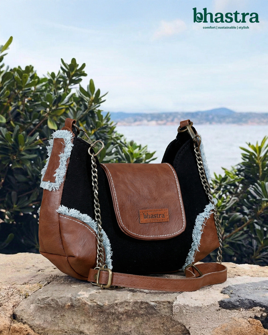 Foxy Fringe sling-Black Denim