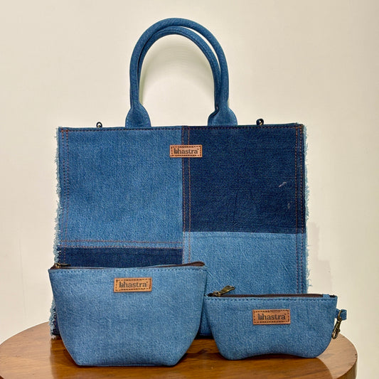 Denim Fringe Box Bag(With Vanity Pouch and Glass case)
