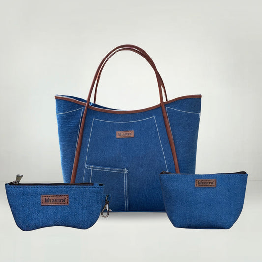 Deep Denim Tube Tote Bag(With Vanity Pouch and Glass case)