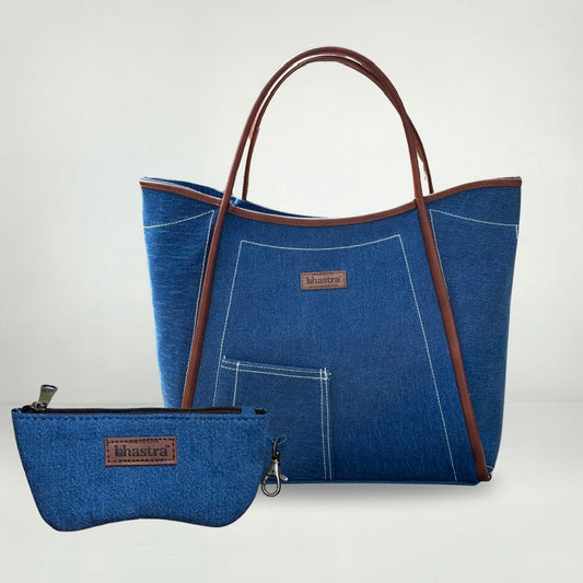 Deep Denim Tube Tote Bag(With Glass case)