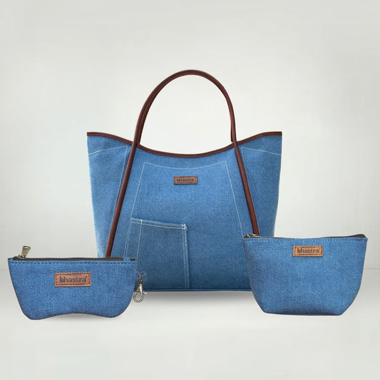 Classic Denim Tube Tote Bag(With Vanity Pouch and Glass case)