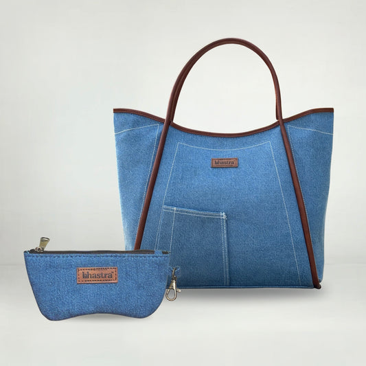 Classic Denim Tube Tote Bag(With Glass case)