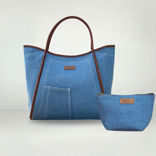 Classic Denim Tube Tote Bag(With Vanity Pouch)