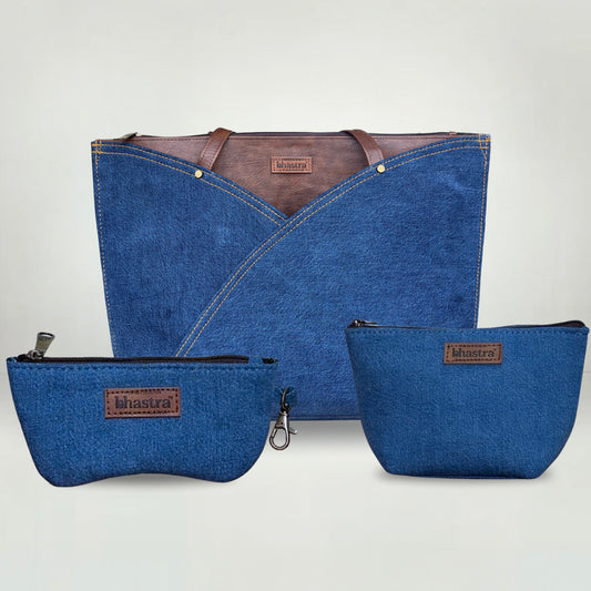 Deep Denim Tulip Tote Bag(With Vanity Pouch and Glass case)