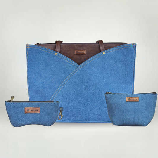 Classic Denim Tulip Tote Bag(With Vanity Pouch and Glass case)