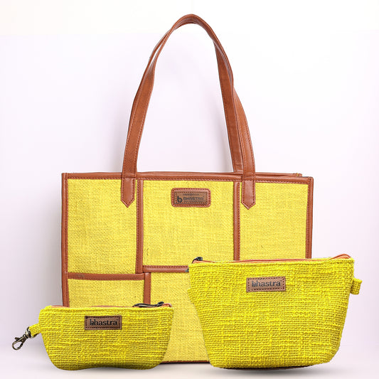 Yellow Ivy Tote(Large)Combo-includes tote,vanity pouch and glass case