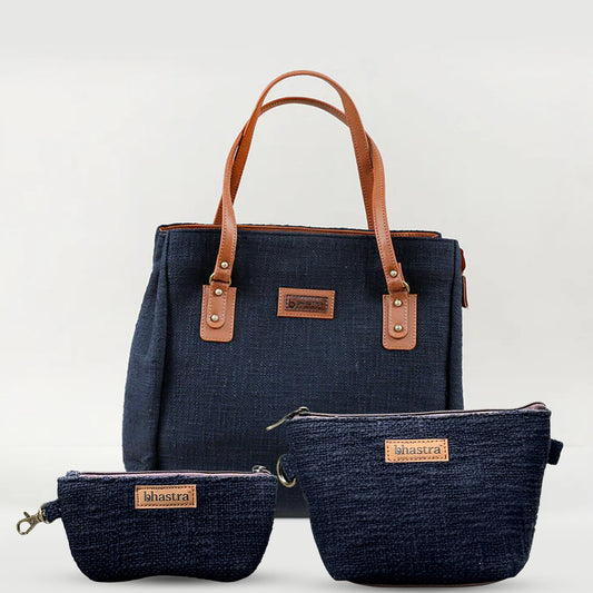 BlueThree Pocket Tote Combo(Includes tote,Vanity Pouch and glass case)