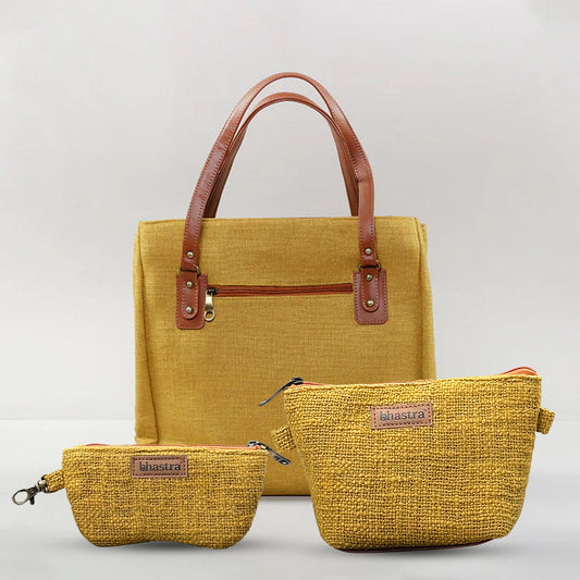 Mustard Three Pocket Tote Combo(Includes tote,Vanity Pouch and glass case)