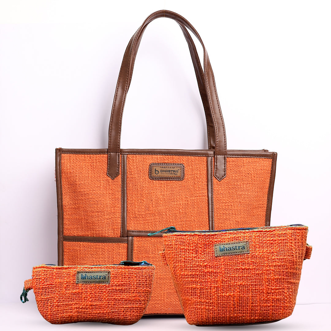 Tango Orange Tote(Medium)Combo-includes tote,vanity pouch and glass case