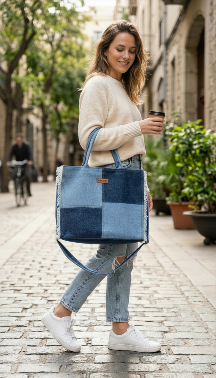 Denim Fringe Box Tote Bag-denim trail