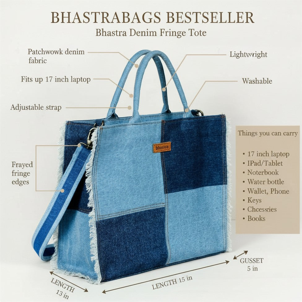 Denim Fringe Box Tote Bag-denim trail