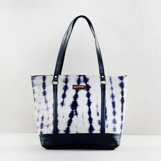 White and indigo shibori tote bag